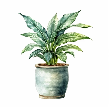 A delicate watercolor clipart image showcasing an elegant house plant in a vintage-style pot. The plant's slender stems hold dainty leaves, each stroke of the brush capturing their graceful form. The pot, with its weathered texture and soft watercolor washes, adds a touch of nostalgia and vintage charm to the composition. This enchanting clipart brings a sense of timeless beauty and sophistication to your designs, creating a classic and refined atmosphere. clipart