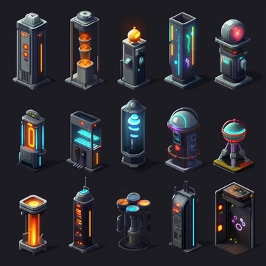 isometric, spritesheet, game assets, futuristic elevator sprites, isometric perspective, game sprite, sci-fi, cute, fun, creative, cartoon, clipart, hyper-detailed, black background
