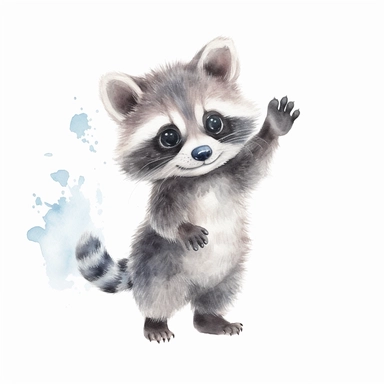 an active baby raccoon with kind eyes clipart with watercolor illustration,full body shot,8k,etsy style, white background