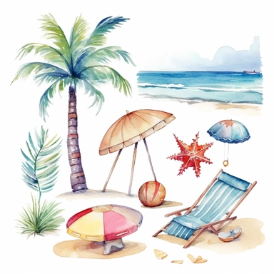 fun and relaxation, Watercolor summer beach clipart, coloful, Isolated white background, 8k