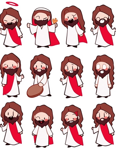 , Emoji, Animated jesus clipart image, in the style of white and red, caricature-like figures, bold, cartoonish lines, emoticons Happy, Laughing, Shy, Surprised, Angry, Unbelievable, Pretend to be cute, Curiosity and more surrounded, illustration style, b