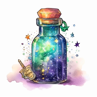 cartoon bottle of fairy dust, with a tag attached, glowing lights stars and sparkles, colors of green purple gold and blue, glamorous realistic and detailed, watercolor, white background with margins, clipart style