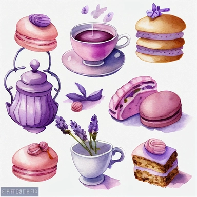 Draw a set of cartoon - style watercolor illustrations of a lavender - themed afternoon tea in shades of purple and pink. The images should have a elegant, refined, and sweet aesthetic, incorporating elements such as lavender - scented desserts, teas, and other culinary items such as macarons, scones, and a teapot. Individual images cliparts