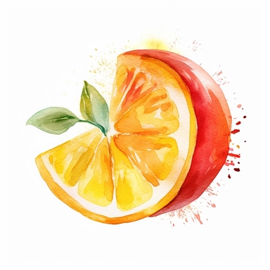 A captivating watercolor clipart-style illustration of a Limonia Acidissima fruit being cut, featuring a striking color palette of vibrant yellows with subtle hints of orange and red. This unique clipart illustration beautifully captures the moment of slicing through the Limonia Acidissima fruit, showcasing its rounded shape, textured skin, and inviting hues in a visually captivating manner. The watercolor technique brings a soft and organic quality to the illustration, enhancing the natural bea