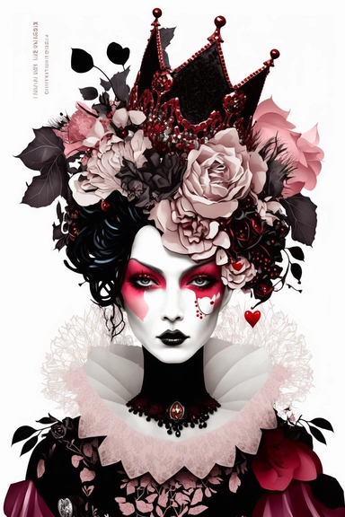 <https://s.mj.run/9tV4APT6Ydk> macro shot, haute couture dolce & gabbana illustration clipart of gothic Alice in Wonderland evil queen of hearts with black diamonds and flowers, pink color palette, white background,