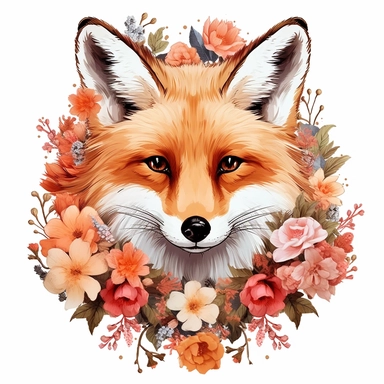 one foxe with floral crown clip art trên nền trắng, in the style of fujifilm gw690iii, appropriated images, detailed nature depictions, no watermark, text, 300 DPI , typography, shapes do not stick together, no text in the picture, on a white background