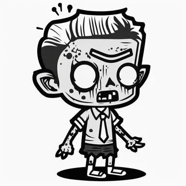 Post-war culture of 1950's united states, stylized clipart icon of a cute chibi teen zombie, inspired by Fallout series, full body, lineart, black and white bold stencil drawing, in the style of comic book sketch, stylized concept art