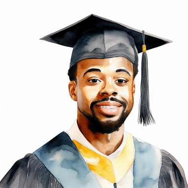 watercolor black male student with facial hair graduation clipart on a white background