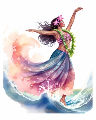 delicate watercolor pastel clipart of a Hawaiian hula dancer dancing in front of huge waves on the beach