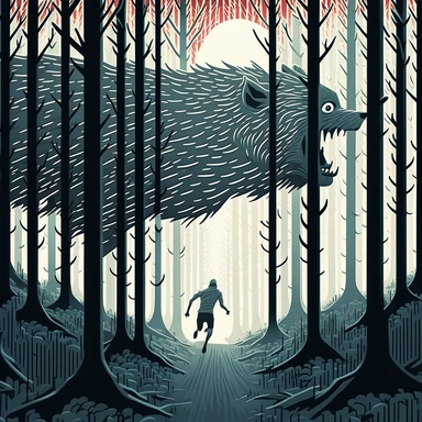 in the style of John Kenn Mortensen, trail runner with wolf head, through white birch forest, chased by monsters, ghosts, animals, spooky, colorful, white background, magical, fantasy, vector, clipart, elaborate, ultra-detailed, best quality, well composed, vibrant color tone, trending on artstation, elaborate, cinematic lighting, vibrant colors, high definition