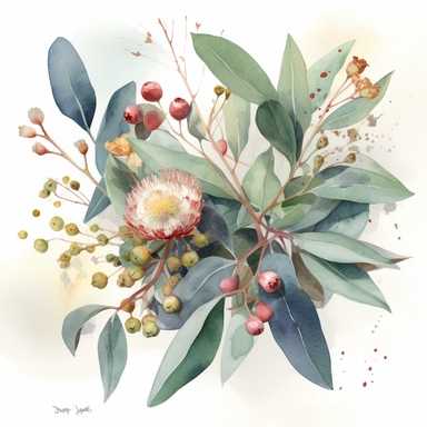 a clipart of an artistic watercolor composition with a mix of eucalyptus leaves, gum blossoms, and gum nuts, arranged in a visually appealing and balanced design