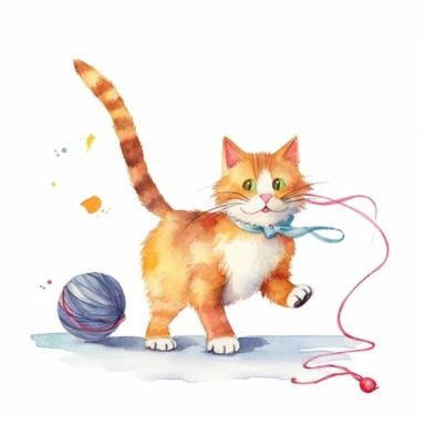 Adorable watercolor clipart of a playful cat with a string, capturing the curiosity and playfulness of pets, with vibrant colors and soft details, perfect for a pet-related project, cute and charming, high-quality artwork, hand-painted with love, playful and fun.