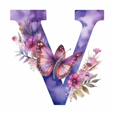 watercolor letter V with butterflies clipart, purple color, on a white background
