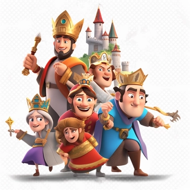 cartoon characters in animation style, in a castle or country png clipart, in the style of cartoon realism, northern and southern dynasties, mosaic-inspired realism, 32k uhd, layered translucency, kushan empire, rubens