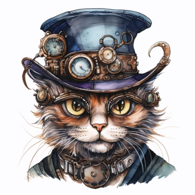 watercolor steampunk cat clipart, 4k