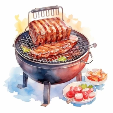 watercolour Barbecue with meat, clipart on white background, no watermark, highly detailed, professional color gradation, clean sharpness