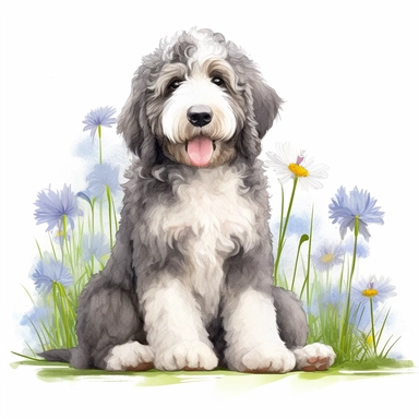 bernedoodle with all light gray coat and blue eyes, white background, HD, clipart, spring, happy, garden
