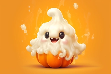 Cute ghost. Happy halloween ghosts characters, spooky expression creature. Funny scary magic demon with pumpkin, mystery creative nowaday vector clipart, realistic, full frame, very detailed