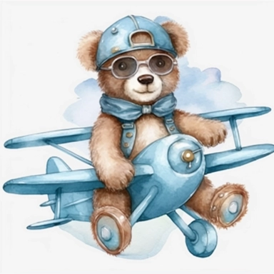 watercolor cute tedy bear sitting on a blue watercolor plane clipart, teddy bear wears pilot glasses, white background, no comment, 8k