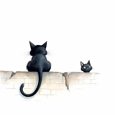 back high level view, cute black cat waiting before mouse whole in wall, illustration, white background, clipart, nursery illustration, illustration for children