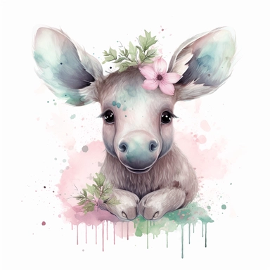 super cute newborn baby moose clipart with huge cute blue eyes long fur smiling painted in watercolour style, splashes, pastel pink and sage green floral elements, white background 8k hd