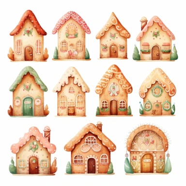 very simple watercolour childrens book style drawing of different cute gingerbread houses, pastel colours soft on white background for clipart, 8k