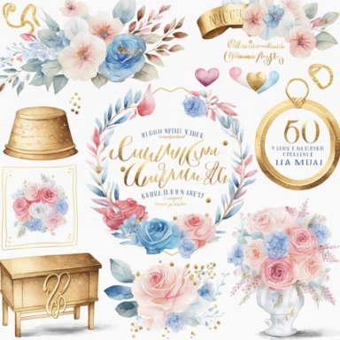 watercolor marriage anniversary clipart collection, white background, white, pink, blue and gold illustrations