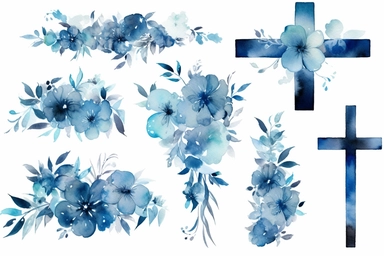 watercolor cross clipart, blue color, with flowers, hd, on white background, spaced out