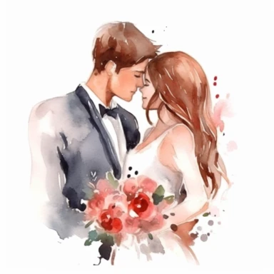 Very cute wedding illustrations clipart , newlyweds, on a white background , watercolors, husband and wife on their wedding day , love