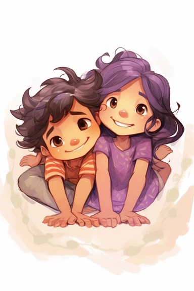 little girl with boy, lying on their back, looking up at the camera, boy with black hair, girl with brown hair, tan skin, girl with purple dress, young, pretty, purple dress, happy, in love, friends white background, purple dress, simple, cartoon, children's book illustration, no background, white background, white background, bright colors, talking, cartoon image, kids book, clipart