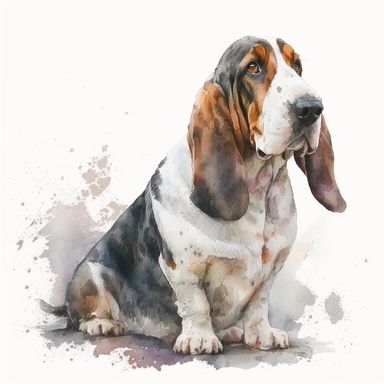 a watercolor painting of a Basset Hound, clipart, white background