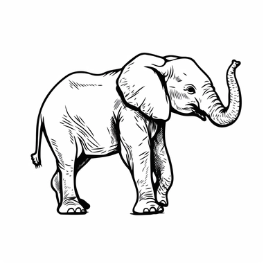 black handdrawn simple illustration of a baby elephant on a white background, side view of elephant with trunk in the air , no shading, svg clipart, line art