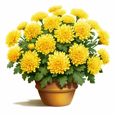 yellow Chrysanthemum, vibrant yellow, in a colorful pot, clipart, high quality, white background