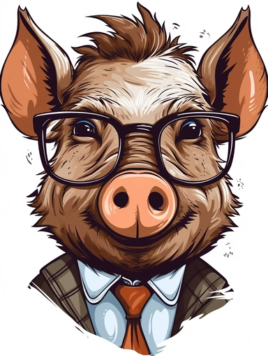 a portrait of a Boar wearing a white shirt and glasses, looking tired and done with life, vector illustration, clipart, outlines, portrait,