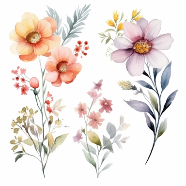 watercolor summer flower group for corner of invitation, clipart isolated on clear white background, soft colors, boho, lithograph, 32k uhd, textural