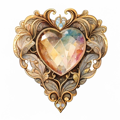 Gold Jewel Brooch with big clear diamond faceted heart shaped Gemstone, watercolour painting, detailed, intricate, white background, clipart