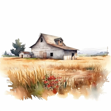 watercolor highly detailed and realistic rustic farm field, clipart, white background