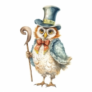 a Cute Happy Owl in the style of Watercolor Kate Greenaway Clipart, White Background