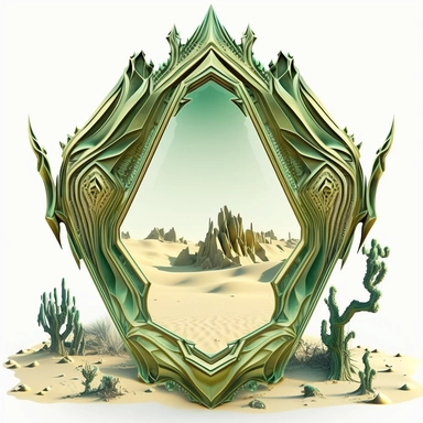 a green giant mirror in the dark-sand desert, a magic green light is coming out from it. mirrors frame is made out of the green diamonds. clipart. white background.in Gothic Ancient Fantasy surrealistic sci-fi Style. Beige-Golden-Green Watercolours