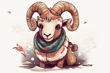 Cute Bighorn sheep in christmas Day clipart, cartoon, white background,