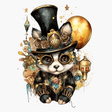Steampunk Birthday Party Animal Clipart, black and gold colors, Steampunk, watercolor, sweet, happy, high resolution, transparent white background no captions