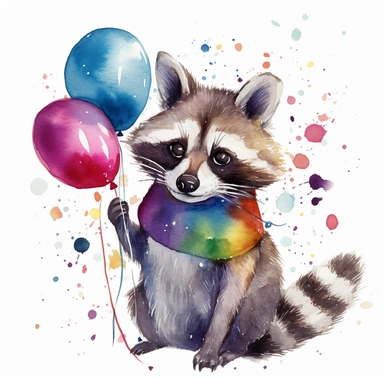 please create watercolor clipart of a raccoon smiling, wearing party props and bubbles, colorful, WHITE BACKGROUND
