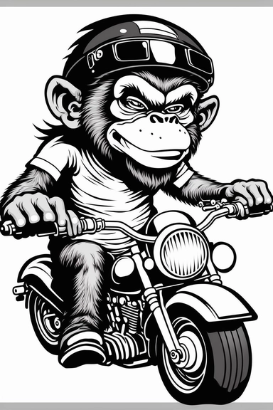 High resolution 2D cartoon cheerful monkey monkey rides a harley davidson motorcycle black and white design very simple Clipart Cutfile stencil the image is not cropped and is fully included in the picture 4k