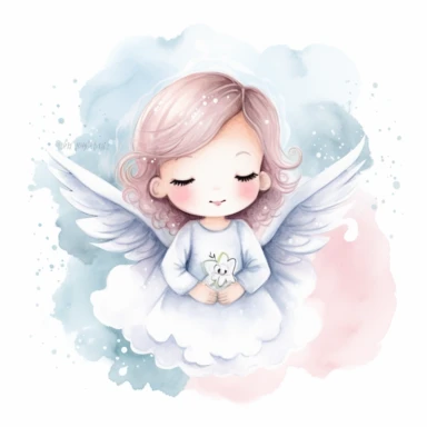 A watercolor painting of a little angel holding a flower.