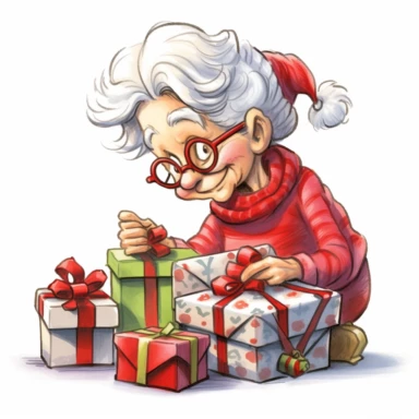 clipart digital svg cartoon of mrs claus wrapping gifts for christmas, on a whte background no shadow