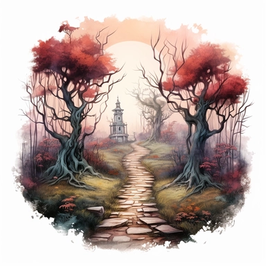 isolated illustration of a fantasy haunted path, eerie vibe, whimsical colors, watercolor illustration, high resolution clipart, isolated on white background