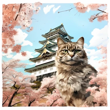 cherry blossoms laden on Osaka Castle Bottom, Siamese Cat wearing a Japanese kimono, sunset. Clipart Watercolor By Yuzo Komori. clean line, white background & space around. Bottom view