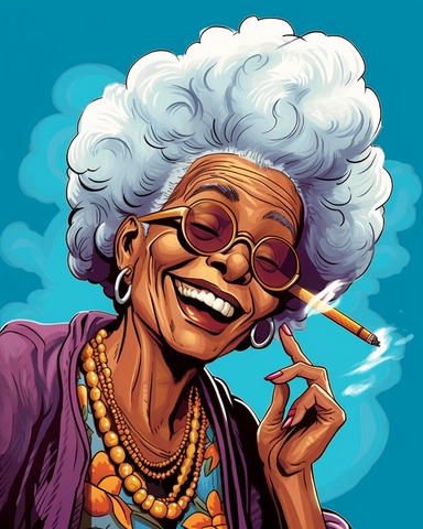 laughing funny Comic Book style Sassy hip African American Boho chic Grandma with long goddess braids puff puff pass Smoking a cuban cigar with smoke on the end tip og cigar clipart