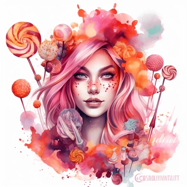 A beautiful clipart image of a charismatic candy-witch is depicted on a white background. She has a beautiful kind and intriguing facial expression. The witch is surrounded by lolipops, candies and flowers. The image has a playful, and magical atmosphere with a palette of bright red pink and white watercolors. in the style of Aleksi Briclot. The candy-witch is places in the center of the image.