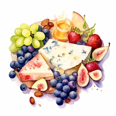 watercolor fresh fruit , cheese, summery charcuterie board, clip art , hd, white background, spaced out, details--ar 3:2